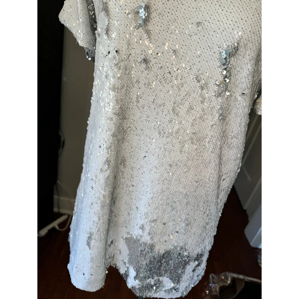 Cavanagh Baker Silver Sequin Short Sleeve V-Neck Mini Dress S - Picture 7 of 14